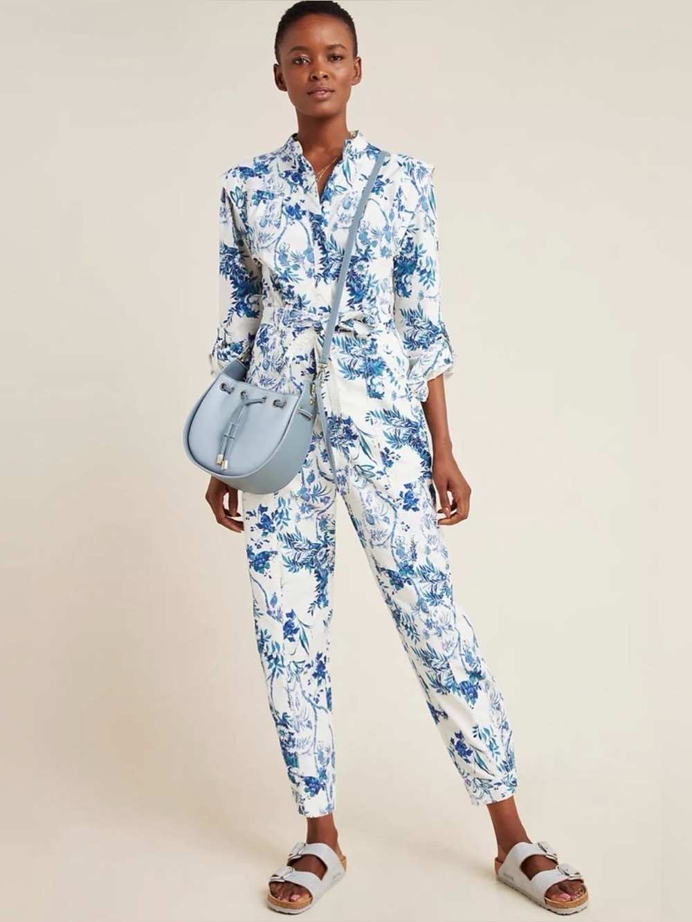 Anthropologie Lucienne Belted Jumpsuit Size 2 Blue White Floral Romper One Piece
